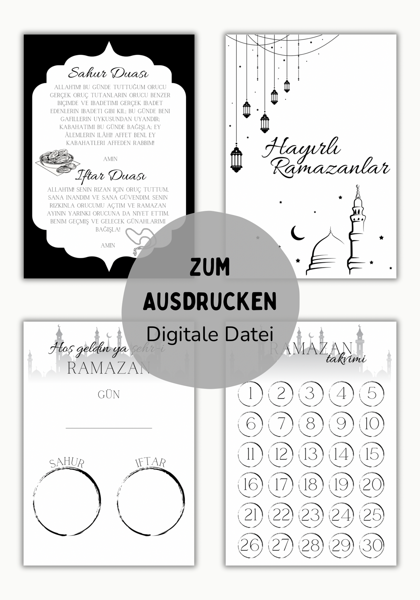 Ramadan Karten Set mit Sahur und Iftar Dua, Ramadan Kalender zum Ankreuzen, Karte für Sahur und Iftar Uhrzeiten sowie Hayırlı Ramazanlar Grußkarte