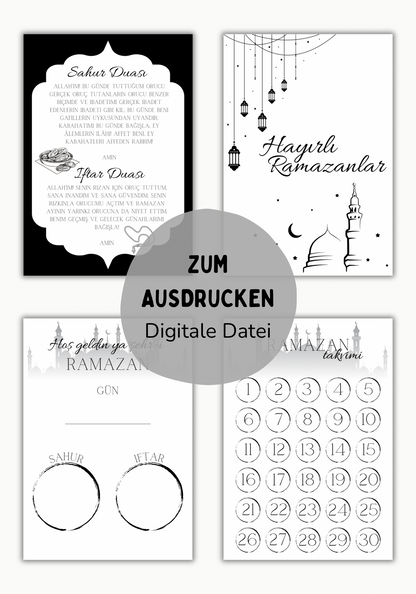 Ramadan Karten Set mit Sahur und Iftar Dua, Ramadan Kalender zum Ankreuzen, Karte für Sahur und Iftar Uhrzeiten sowie Hayırlı Ramazanlar Grußkarte