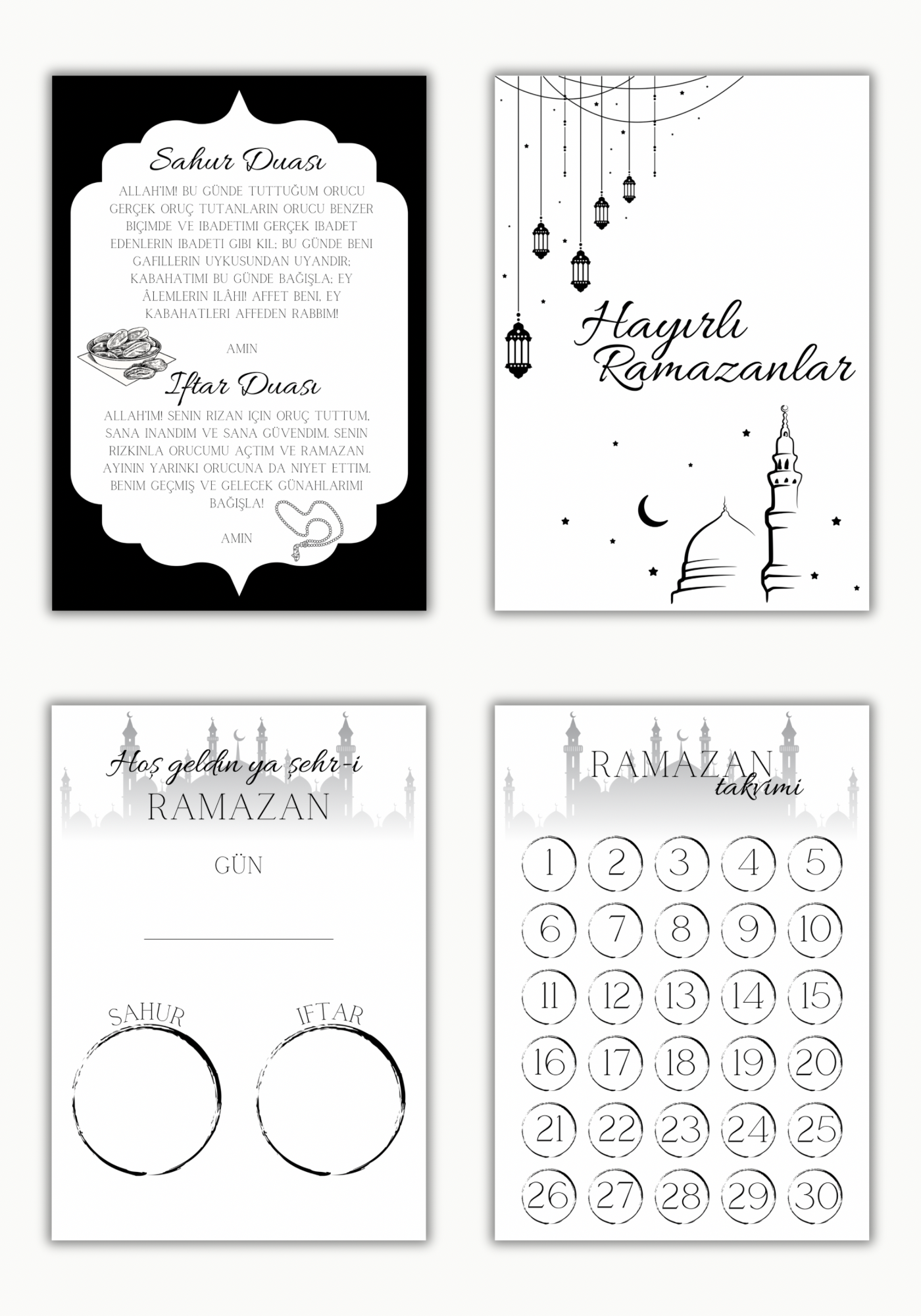 Ramadan Karten Kollektion mit liebevoll gestalteten islamischen Karten: Sahur und Iftar Dua Karte, Ramadan Kalender zum Ankreuzen, Karte zum Eintragen von Datum und Uhrzeit für Sahur und Iftar sowie kleine Hayırlı Ramazanlar und Ramadan Mubarak Grußkarten. Wiederverwendbare Ramadan Deko zum Einrahmen und Beschriften mit Folienstift, geeignet für Familien, Kinder und Erwachsene. Digitale Ramadan Karten als PDF und PNG Download oder gedrucktes Set in 10x15 cm und 15x21 cm, ideal als Ramadan Geschenk, islamisc