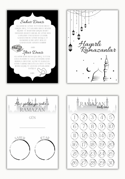 Ramadan Karten Kollektion mit liebevoll gestalteten islamischen Karten: Sahur und Iftar Dua Karte, Ramadan Kalender zum Ankreuzen, Karte zum Eintragen von Datum und Uhrzeit für Sahur und Iftar sowie kleine Hayırlı Ramazanlar und Ramadan Mubarak Grußkarten. Wiederverwendbare Ramadan Deko zum Einrahmen und Beschriften mit Folienstift, geeignet für Familien, Kinder und Erwachsene. Digitale Ramadan Karten als PDF und PNG Download oder gedrucktes Set in 10x15 cm und 15x21 cm, ideal als Ramadan Geschenk, islamisc