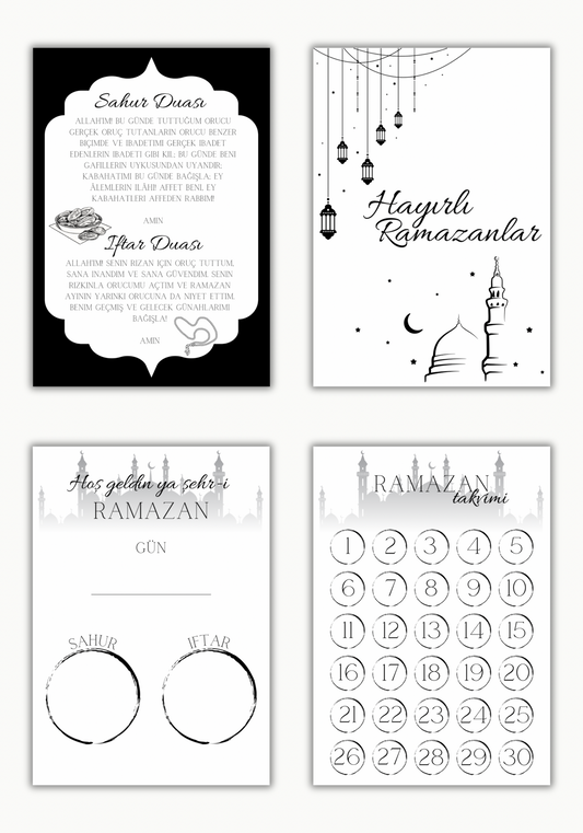 Ramadan Karten Kollektion mit liebevoll gestalteten islamischen Karten: Sahur und Iftar Dua Karte, Ramadan Kalender zum Ankreuzen, Karte zum Eintragen von Datum und Uhrzeit für Sahur und Iftar sowie kleine Hayırlı Ramazanlar und Ramadan Mubarak Grußkarten. Wiederverwendbare Ramadan Deko zum Einrahmen und Beschriften mit Folienstift, geeignet für Familien, Kinder und Erwachsene. Digitale Ramadan Karten als PDF und PNG Download oder gedrucktes Set in 10x15 cm und 15x21 cm, ideal als Ramadan Geschenk, islamisc